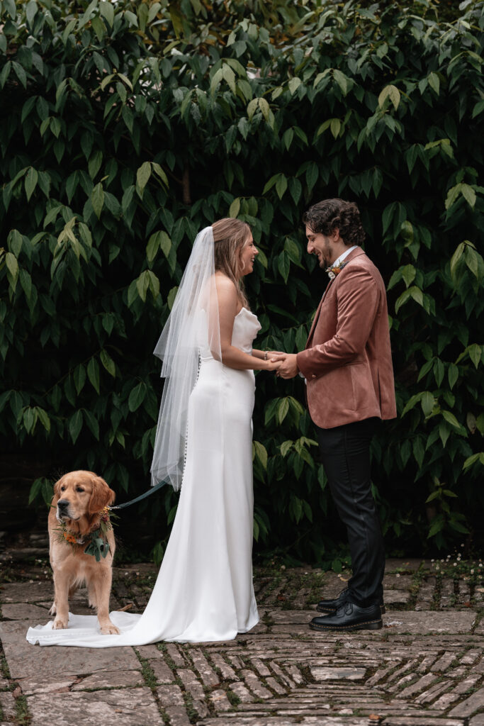 A bride and groom are stood holding hands in front of a display of green foliage, a dog is stood on the brides train