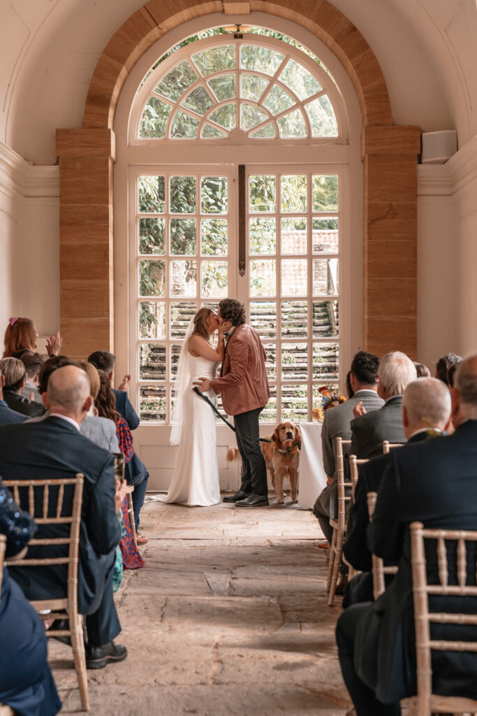 A bride and groom are exchanging their first kiss whilst their guests clap, their golden retriever is stood at the top of aisle with them